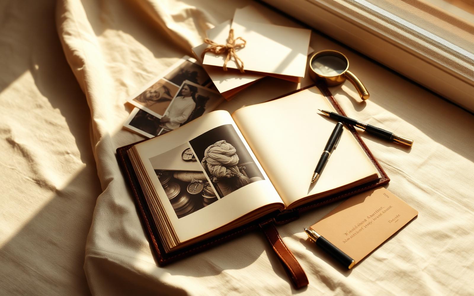 An open leather-bound scrapbook of vintage sepia photographs, fountain pen, and correspondence on ivory linen.